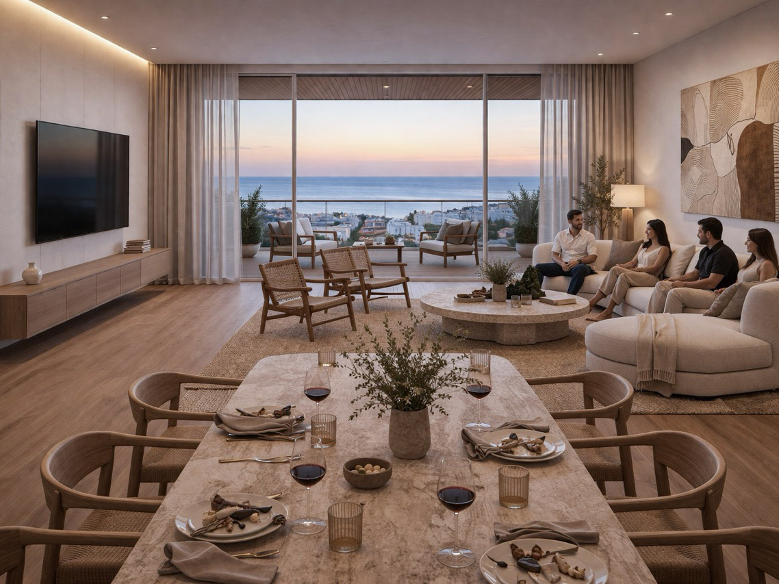 Apartment living and dining room with sea view
